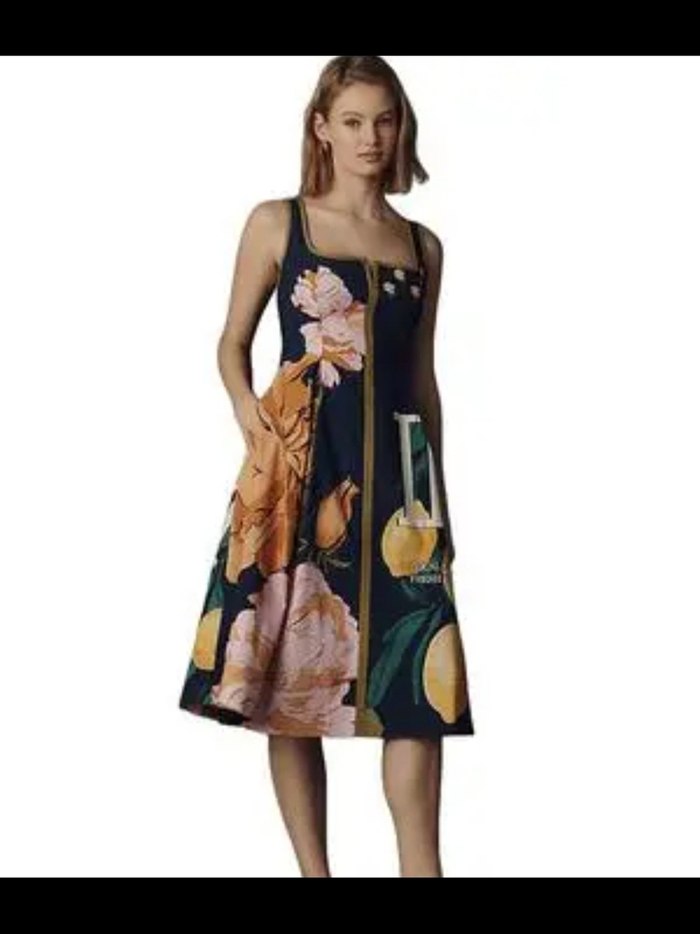 Anthropologie Floral Citrus A-Line Dress - Navy